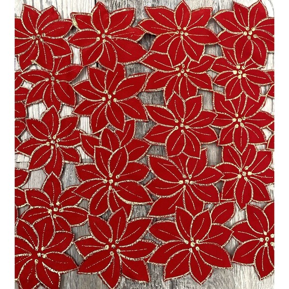 Red Poinsettia Table Runner Embroidered Cutwork Xmas Decor 35" x 13.5" - Picture 3 of 5